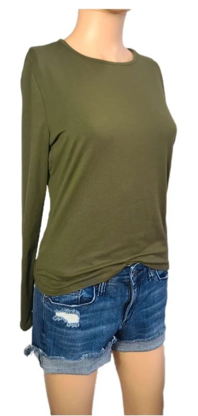 Live In The Moment Olive Green Long Sleeve Basic Crewneck Top Medium stretch